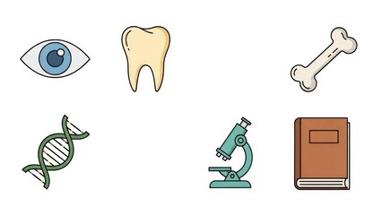 Medical icons eye tooth bone dna microscope and book on white