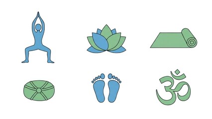 Yoga elements lotus mat feet om symbol and poses on white background