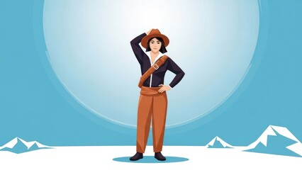 Woman posing outdoors wearing hat and uniform in front of blue background