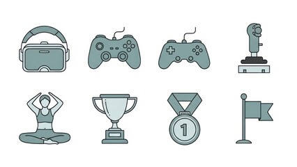 Set of gaming and activity icons controller vr headset trophy and more