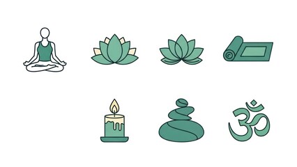 Yoga and meditation icons lotus flowers candle stones and symbols
