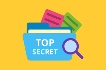 Top secret folder illustration with magnifying glass, confidential file search concept