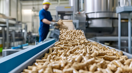 A worker oversees the production of biofuel pellets on a conveyor belt in a manufacturing facility. Pellets are transported for use as alternative energy source.
