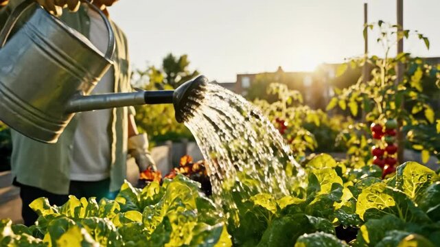 Gardener watering plants in a sunny garden, enjoying the fresh air.