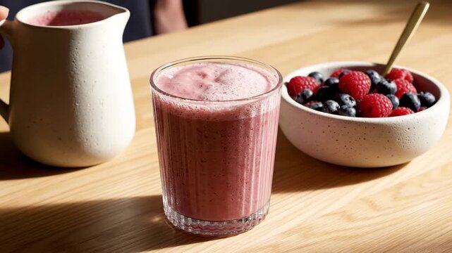 Berry smoothie pouring into glass with fresh fruit bowl closeup