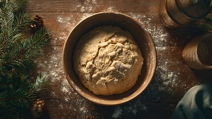 Dough resting in bowl, surface cracked naturally, warm Christmas kitchen tone