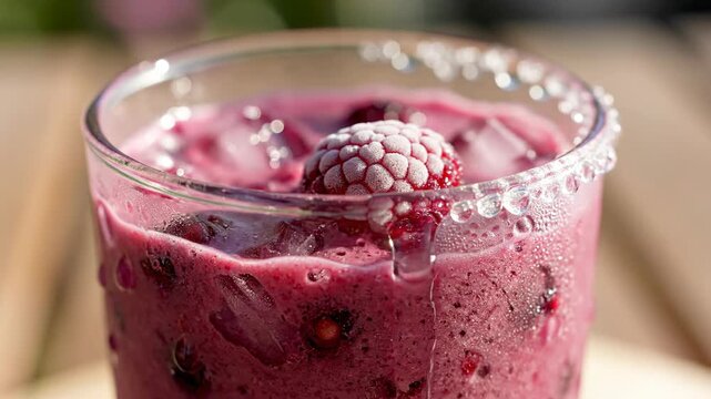 Close up berry smoothie refreshment with ice and textured glass