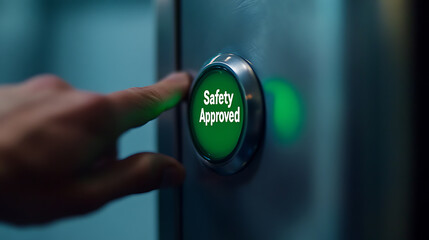 Close-up of a finger pressing a green button with 'Safety Approved' displayed, symbolizing quality assurance and compliance. The action signifies verification and endorsement.