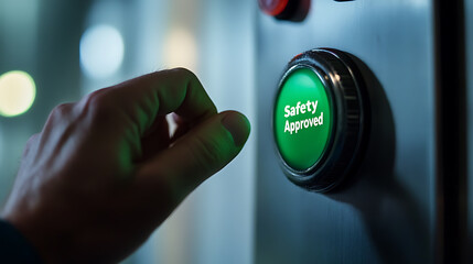 A finger hovers near a green 'Safety Approved' button, emphasizing workplace safety and compliance. The image highlights the importance of safety protocols and quality control.