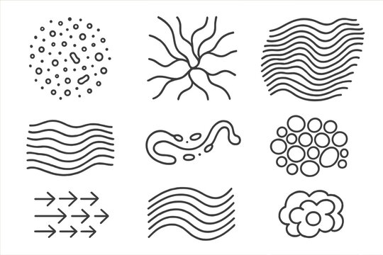 Fungal Swarm Topography. Line style icons of fungal swarm topography: spore map, networked contour, rhythmic formation, layered
