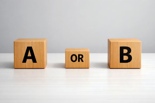 AかBかを選ぶ場面を木製ブロックで表現した意思決定と選択肢のシンプルなイメージ