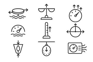 Airborne Balance Icons. Line style icons of airborne balance systems: wind equilibrium disk, air pressure scale, floating node