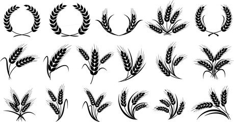 Black Wheat Stalks and Laurel Wreath Vector Icons Set for Organic Food Logo Design Bakery Branding and Agriculture Industry Graphics