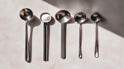 Minimalist baking setup with measuring spoons aligned precisely, pale stone background, soft shadows