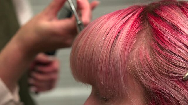 Detailed View Of Hairstylist Expertly Trimming Hair With Precision Scissors In Calm Salon Environment. Media
