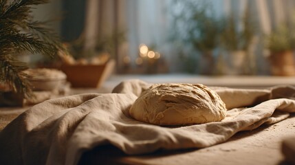 Side-angle scene of dough resting under linen cloth, muted beige palette, quiet Christmas kitchen