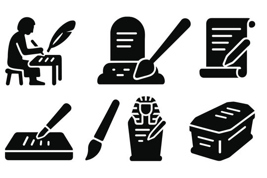 Ancient Writing Tools. Solid style icons of ancient burial writers: stone tablet scribe, funerary quill, grave carving stylus,