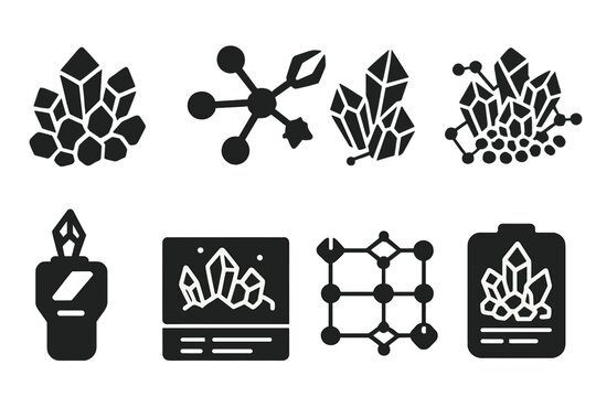 Crystal Swarm Icons. Solid style icons of swarm crystal study: clustered gem matrix, mineral node web, crystalline swarm structure