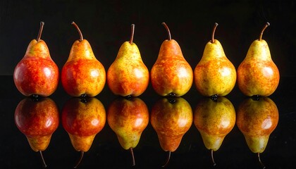 Six Ripe Pears with Reflection on Black Background