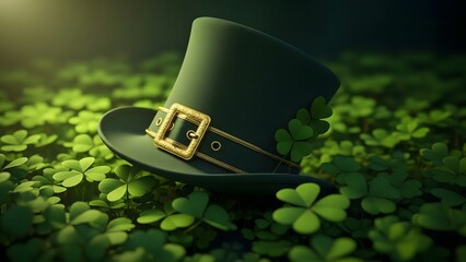 St patrick's day green top hat with gold buckle on shamrocks