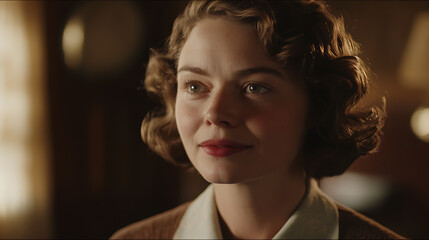 A serene young woman with soft, wavy hair and gentle eyes gazes thoughtfully, bathed in warm light. Her expression is a mix of hope and quiet contemplation.