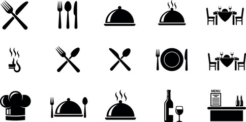 Set of restaurant and fine dining icons featuring cutlery, cloche, chef hat, wine bottle, and dinner table for gastronomy hospitality.