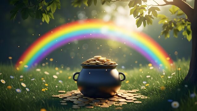 St patrick's day rainbow pot of gold treasure lucky charm