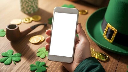St patrick's day phone template with shamrocks and gold coins