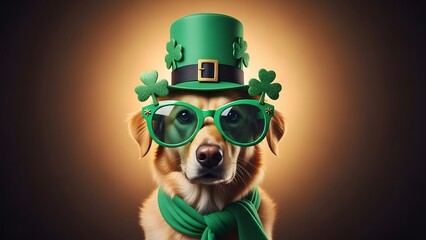 St patrick's day dog in green hat sunglasses and scarf celebrating luck of the irish