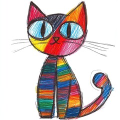 Hand-drawn illustration of a cute, funny cat in kids' art style