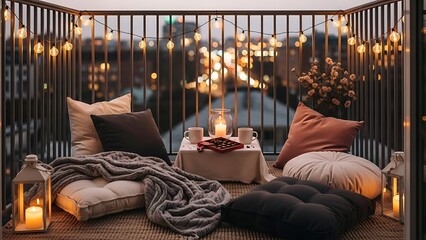 a cozy balcony setup at dusk featuring soft lighting cushions and romantic candlelight ambiance high quality professional