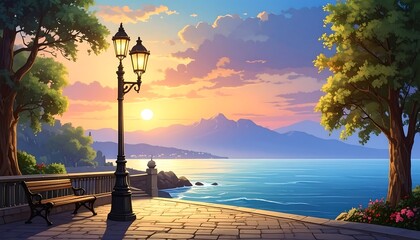 Scenic Sunset Landscape with Bench, Lamp, and Mountains.