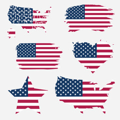 Set of American Flag Icons in Various Shapes like Map, Heart, and Star