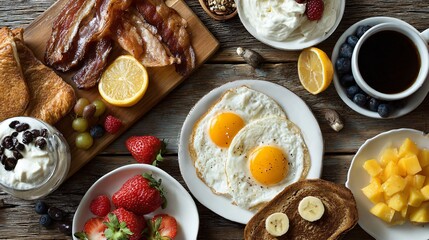 Overhead shot of breakfast essentials with copy space above