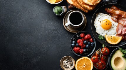 Overhead shot of breakfast essentials with copy space above
