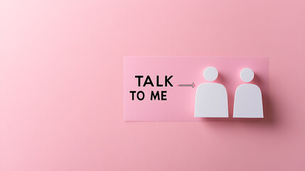Minimalist flat lay on pastel pink background featuring a card that says "Talk to me" with symbolic figures, emphasizing communication and connection in a simple design.