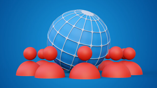 Erth globe surrounded by human or people icons on a blue background. Global network. Human resources and management concept.