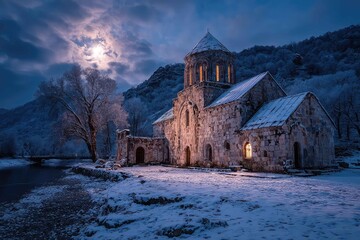 Snow covered stone monastery under moonlight