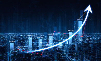 A stunning visual representation of financial growth with an upward trend displayed on a graph against a vibrant city skyline at night. Ideal for business and finance themes. Scalp