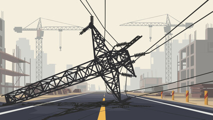 Collapsed construction crane with dramatic mood representing urban infrastructure failure against city background