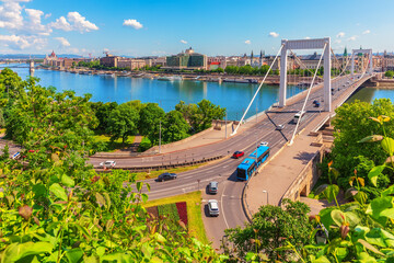 Aerial view of Elisabeth Bridge over the Danube River with historic buildings of the city center, Budapest, Hungary