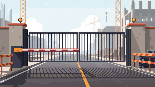 Closed security gate with restricted mood representing controlled access against industrial background