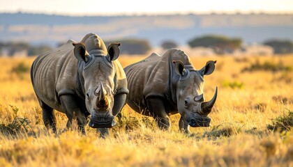Two Southern White Rhinos walking through a golden grassland in an African savanna at sunset.