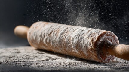 Flour-dusted rolling pin photographed end-on for abstraction