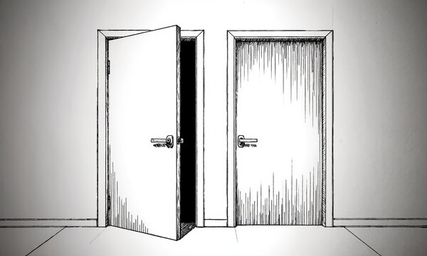 The Unmade Decision. Two identical, heavy doors stand side-by-side in a long corridor, one slightly ajar revealing darkness, the other