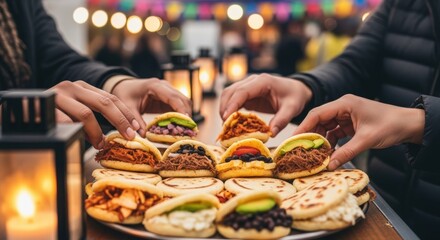 Hands reaching for a colorful platter of street food featuring various delicious tacos and arepas, surrounded by festive lights and a lively atmosphere, showcasing the joy 
