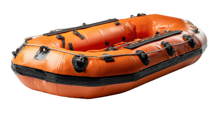 Orange inflatable rescue boat floating, showing marine safety equipment and emergency dinghy preparedness, transparent background