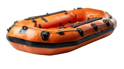 Orange inflatable rescue boat floating, showing marine safety equipment and emergency dinghy preparedness, transparent background