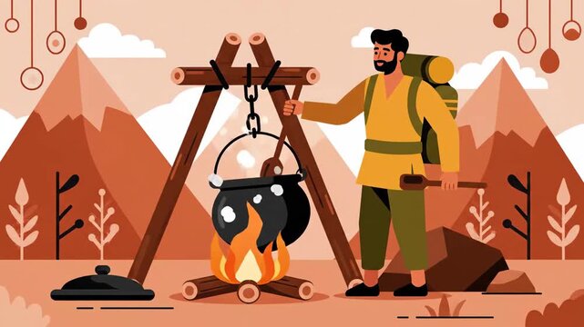 Camping Adventure: Animated Illustration of Cooking a Meal Amidst the Majestic Mountains