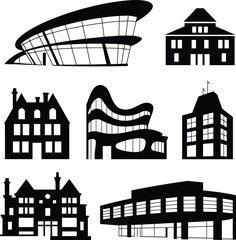 Black Building Silhouettes Set Featuring Modern Architecture House Icons Mansion and Futuristic Office Structures Isolated on White Background for Real Estate © Ponkaj Creatives